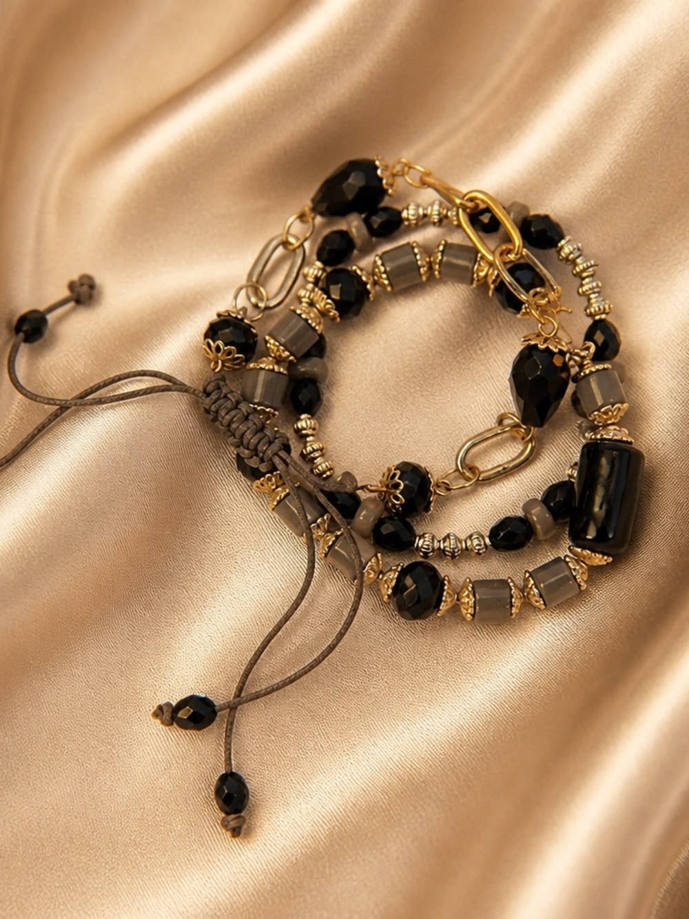 Gold and Black Beaded Multi-Strand Bracelet - Elegant Women's Jewelry